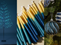 Three images of blue holiday items — a minimalistic Christmas tree, Hanukkah candles, and ornaments.
