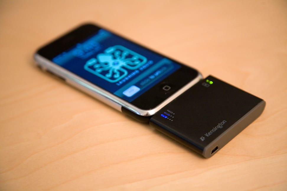 An iPhone with attached external battery.