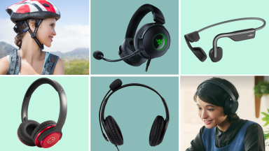 Photo collage of six different pairs of adaptive headphones to wear with hearing aids including two people wearing them.