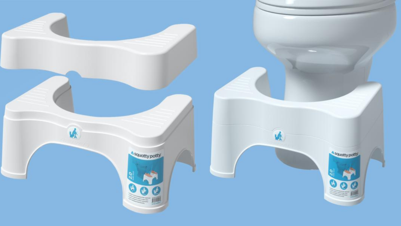 On left, two pieces of the adjustable Squatty Potty in front of a blue background. On right, adjustable Squatty Potty in front of toilet on blue background.