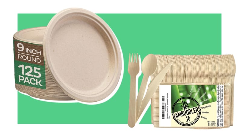 Bamboodle and Stack Man paper plates on a green background
