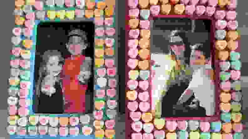 Two candy heart frames with family photos.