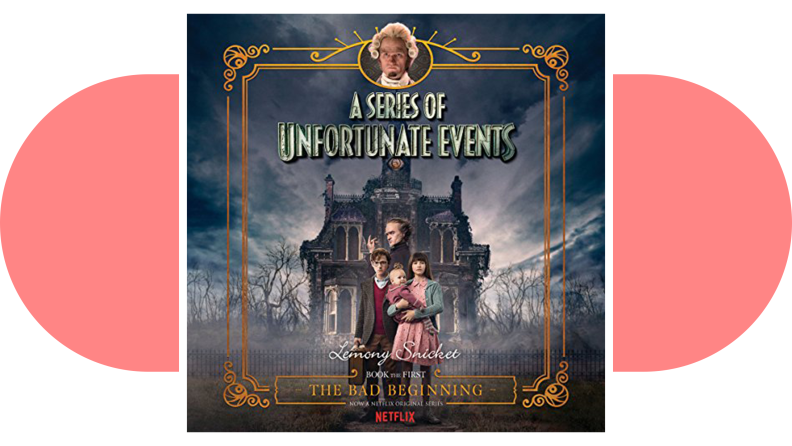 A Series of Unfortunate Events audiobook cover on a pink background.