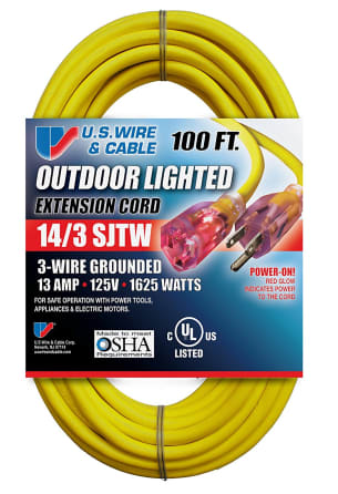 Woods 992555 12-Gauge Extra Heavy Duty 100 ft Extension Cord Yellow 3 Prong Outdoor Extension Cord with Cord Clip SJTW High Visibility Vinyl Jacket Coleman Cable