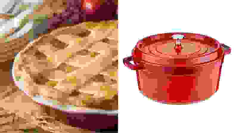 Left: A warm apple pie with handmade crust. Right: A red pie dish with the lid on.