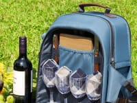 Wine and cheese spread out on a picnic blanket.