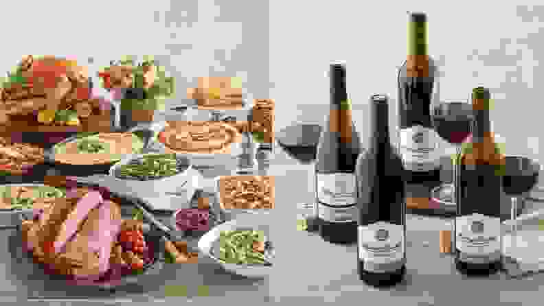 On left, a holiday spread of food. On right, several bottles of wine on a white surface