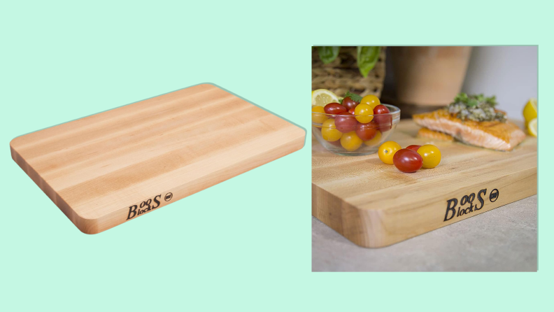 John Boos Block Chop-N-Slice maple wood reversible cutting board on a light green background.