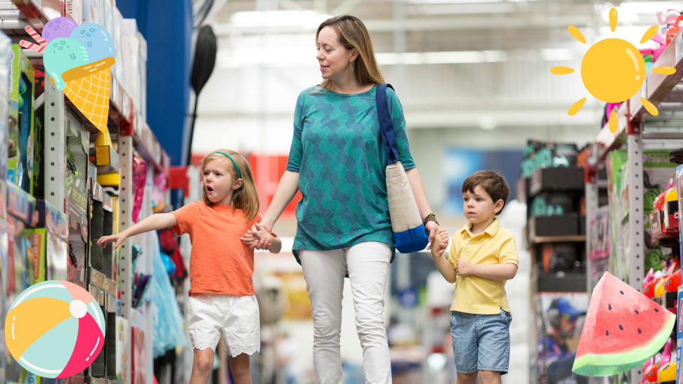 A mom and two kids shop for summer toys at a warehouse store, highlighting the fun of a Sam's Club membership deal.