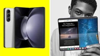 A Samsung Galaxy Z Fold 5 smartphone in front of a colored background next to someone holding the same smartphone.