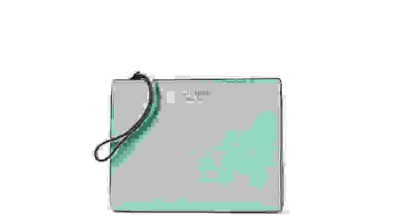 Light blue wristlet on a light grey background