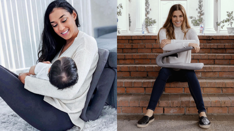 To pictures: One a mom is holding her baby smiling while reclining on the Ready Rocker. The other a woman is holding the Ready Rocker on her lap.