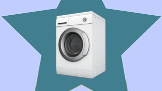 A washing machine inside a star frame on a periwinkle background