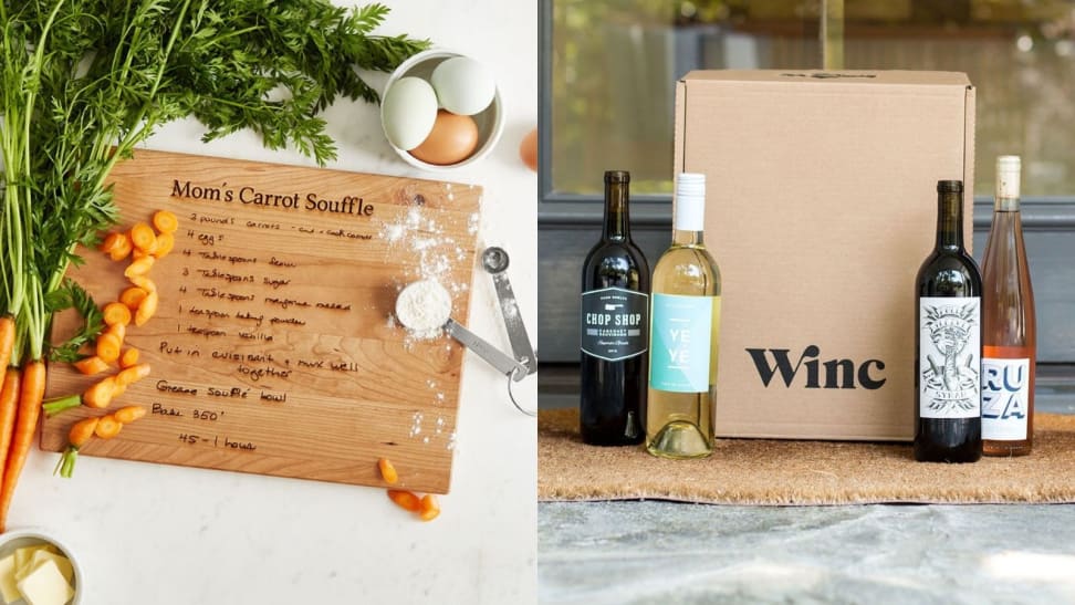 Left: A personalized recipe board with Mom's Carrot Souffle on it. Right: A Wince wine subscription on a doorstep.