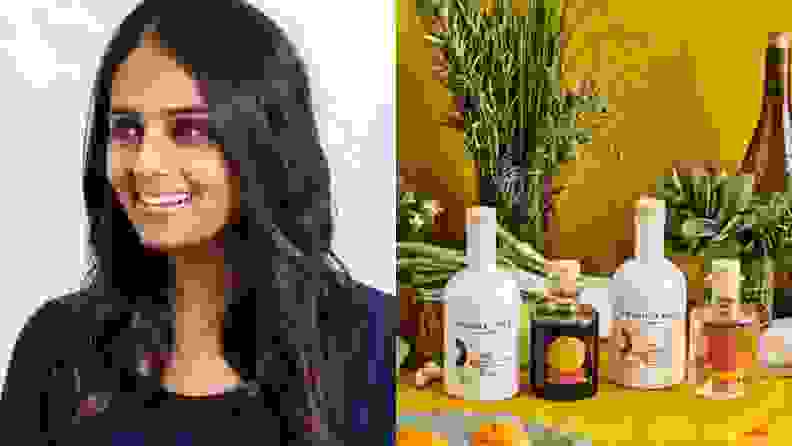 Side-by-side image of Aishwarya Iyer and her Brightland products.