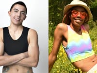 Two people wearing two styles of gc2b chest binders, a solid black one and a tie-dyed one.