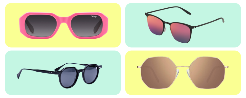 Four pairs of sunglasses, one in hot pink, one in an ultra-thin frame, one in a black aviator, and one with octagonal lenses.