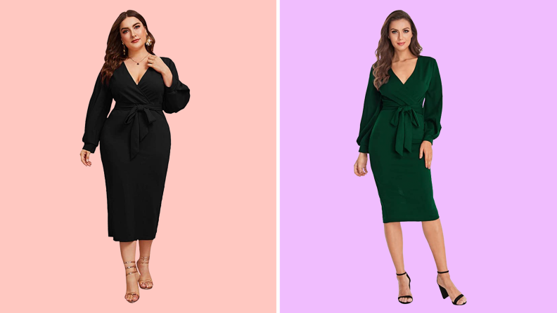 An image of the same wrap dress on two different models: The first wears the dress in black, the second wears the same dress in green.