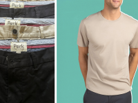 A beige T-shirt, and a close-up shot of three pairs of chinos laying atop one another.