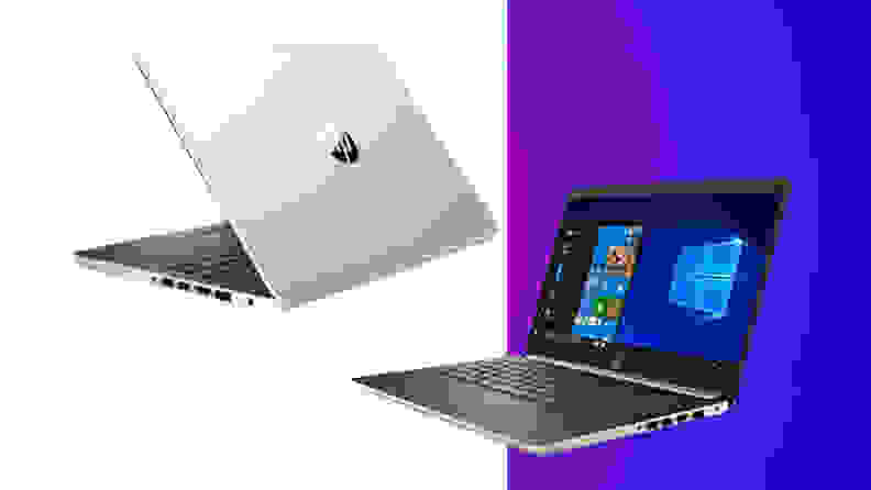 HP laptop on white and purple background