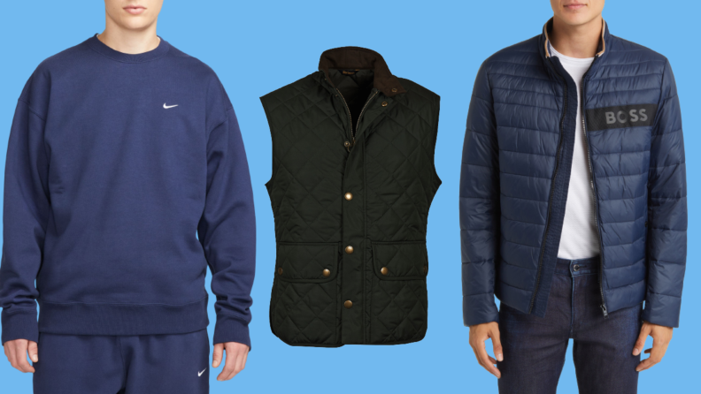 A model wearing a blue sweatshirt, a quilted vest, and a model wearing a puffer jacket.