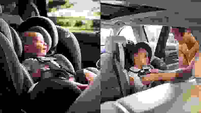 A baby laughing in his EvenFlo car seat in one frame. An older girl being buckled into the same car seat in another.