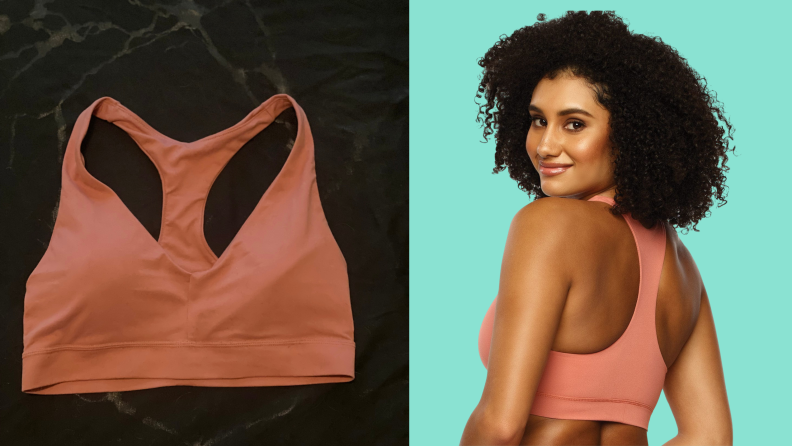 Overhead shot of an orange bralette, and a model wearing the same bralette from the back.