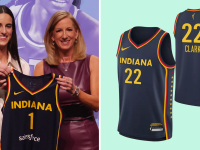 A collage of Caitlin Clark after getting drafted No. 1 overall and multiple angles of her Indiana Fever jersey.