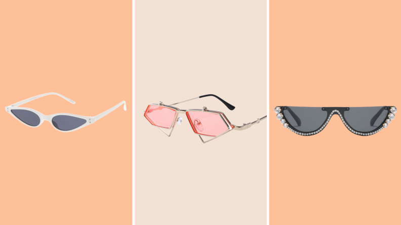 Three pairs of sunglasses in unique, trendy shapes.
