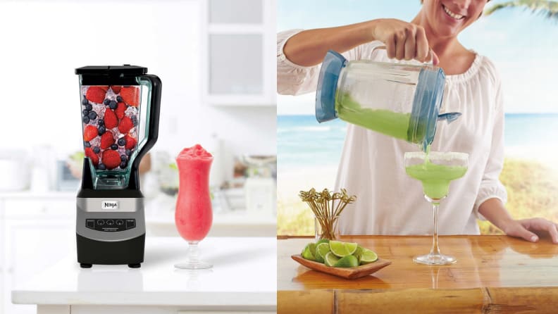 Left: Blender and Margaritaville margarita maker. Right: Person pouring green margarita from blender jar.