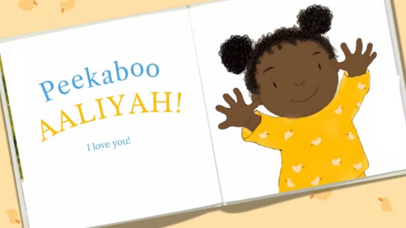 Children's book opened to page with adorable cartoon character inside.
