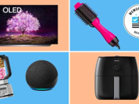 A collage with an LG TV, hair brush dryer, blender, smart speaker and air fryer.