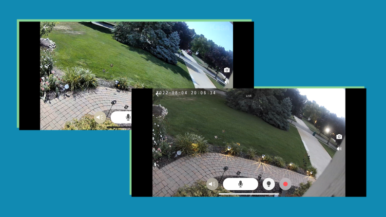 Two screenshots of the Kasa camera's video capture in action, one during the day and the other at night. Both images show the same driveway.