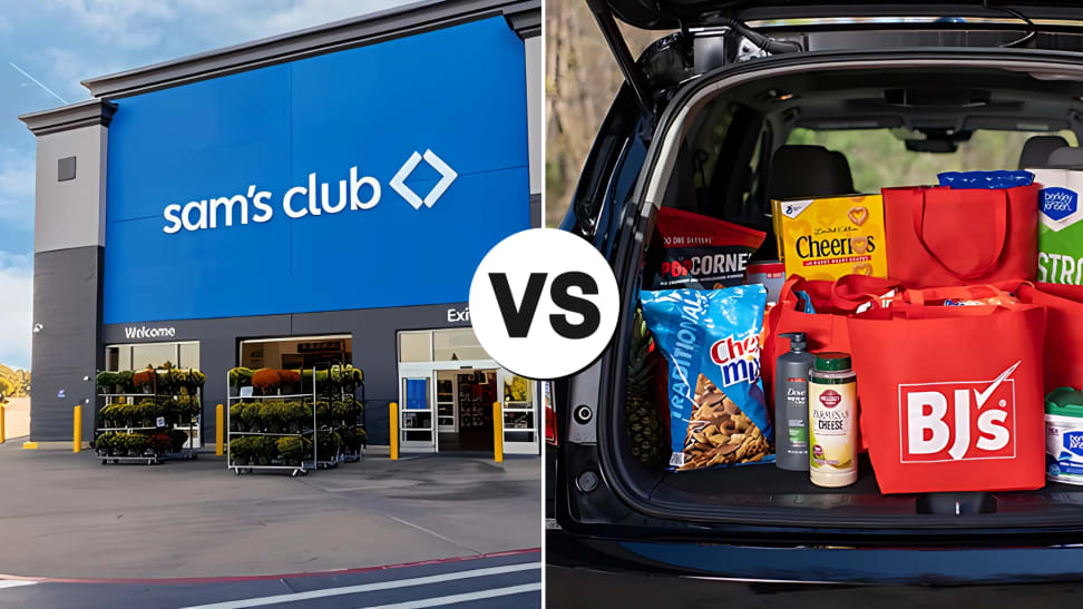 Side-by-side image of a Sam’s Club storefront and the trunk of a car filled with groceries from BJ’s Wholesale Club, with a “VS” graphic in the center.