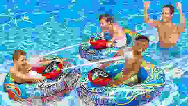 Three boys using the Banzai bumper boats in the water.