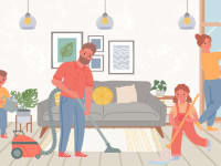 Illustration of family of 4, including 2 kids, cleaning a house