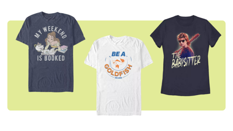 Three T-Shirts featuring designs from Disney, Ted Lasso, and Stranger Things,