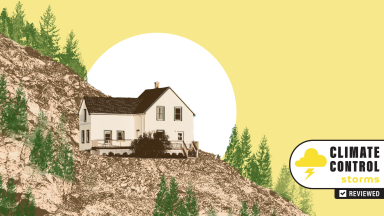 Graphic of home sitting on steep mountain in front of sun.