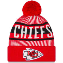 Product image of Men's Kansas City Chiefs New Era Red Striped Cuffed Knit Hat with Pom