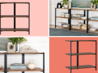Four product shots of a bookshelf made of iron and wood shelves.