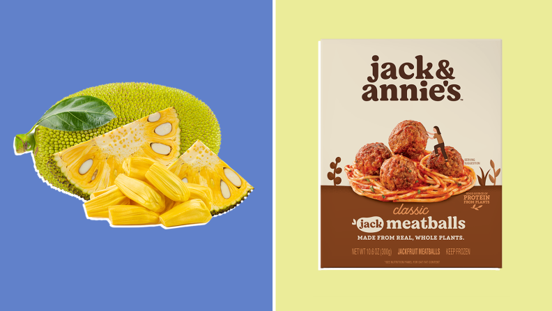 A yellow jackfruit, with sliced jackfruit next to it and a Jack & Annie's box of meatballs.
