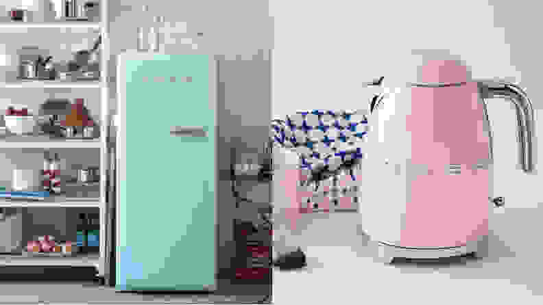 Smeg blue fridge and pink kettle