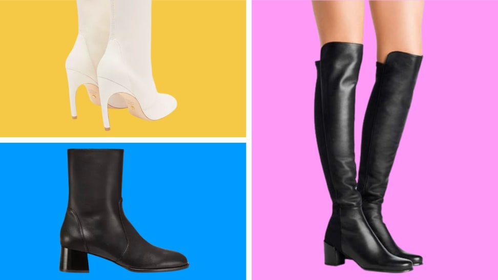 A colorful collage with Stuart Weitzman boots and heels.