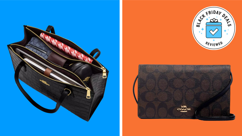 Two Coach purses on a colorful background with a Black Friday badge in the corner.