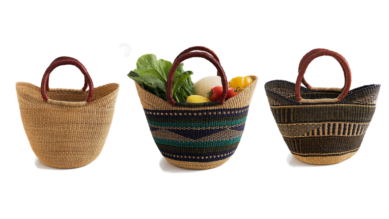 Three handmade woven bags in various colors.