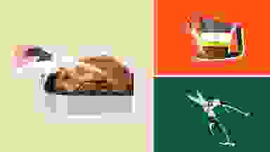 On left, a hand using a turkey baster on a cooked turkey. On right, a fat separator on a red background and kitchen shears on a green background.