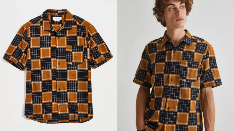 man wearing grid and checkerboard shirt from Urban Outfitters