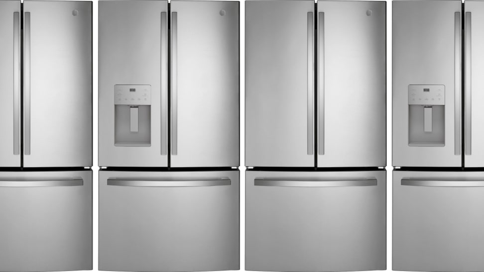 A series of GE fridges in a white void