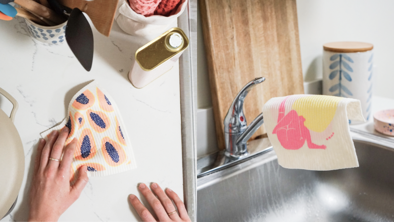 On left, hand using Oona Goods' cloth sponge to wipe countertop. On right, Oona Goods' sponge handing from faucet in kitchen sink.