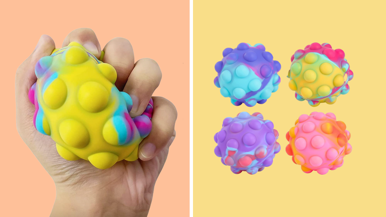 On left, hand squeezing Pop-It stress fidget toy.